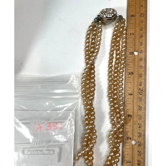 Vintage Sarah Cov Triple-Strand Faux Pearl Necklace W/ Rhinestone Clasp 28" A381 - Picture 7 of 7